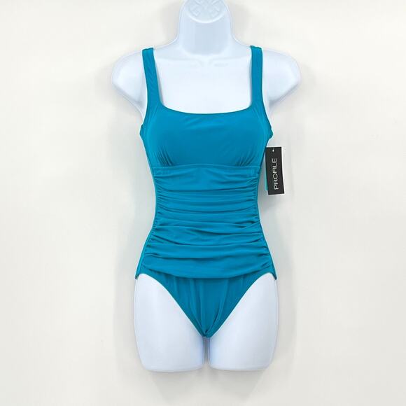 PROFILE BY GOTTEX One Piece Swimsuit Womens 6 Turquoise Square Neck Ruched New